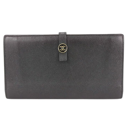 Chanel Long Wallet Coco Button Leather Black Fold Double Hook Coco Mark Ladies