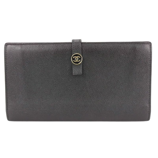 Chanel Long Wallet Coco Button Leather Black Fold Double Hook Coco Mark Ladies