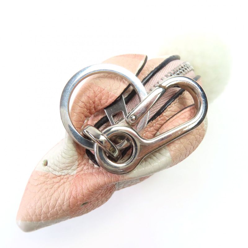 LOEWE Gingham Check Rabbit Charm Leather Coin Case Pink White Silver Hardware