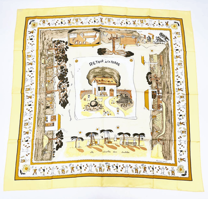 Grade Hermes Carre 90 RE TOUR A LA Terre Homeward Bound Yellow 100% Silk Scarf