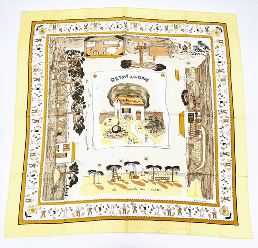 Grade Hermes Carre 90 RE TOUR A LA Terre Homeward Bound Yellow 100% Silk Scarf