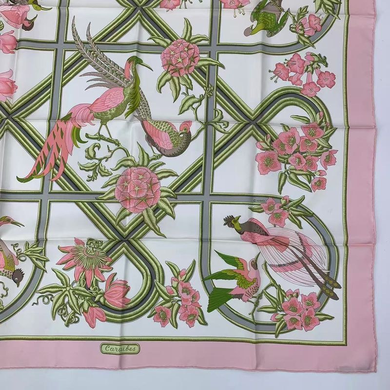 Hermes Scarf Silk Carre 90 Caraibes Caribbean Bird Pink