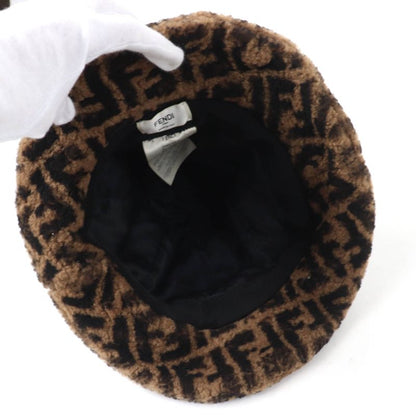 Fendi Fxq632 100% Silk Lined FF Logo Zucca Pattern Mouton Hat Brown Black M