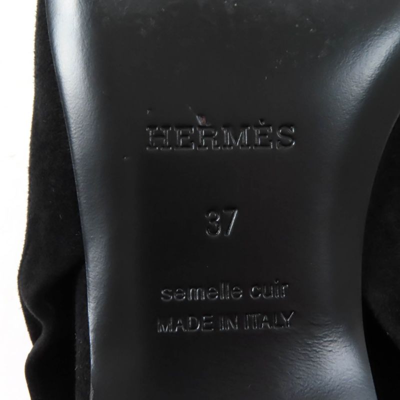 Hermes Eva Ballerina Suede Leather Ribbon Ballet Shoes Flat Pumps Black 37 With