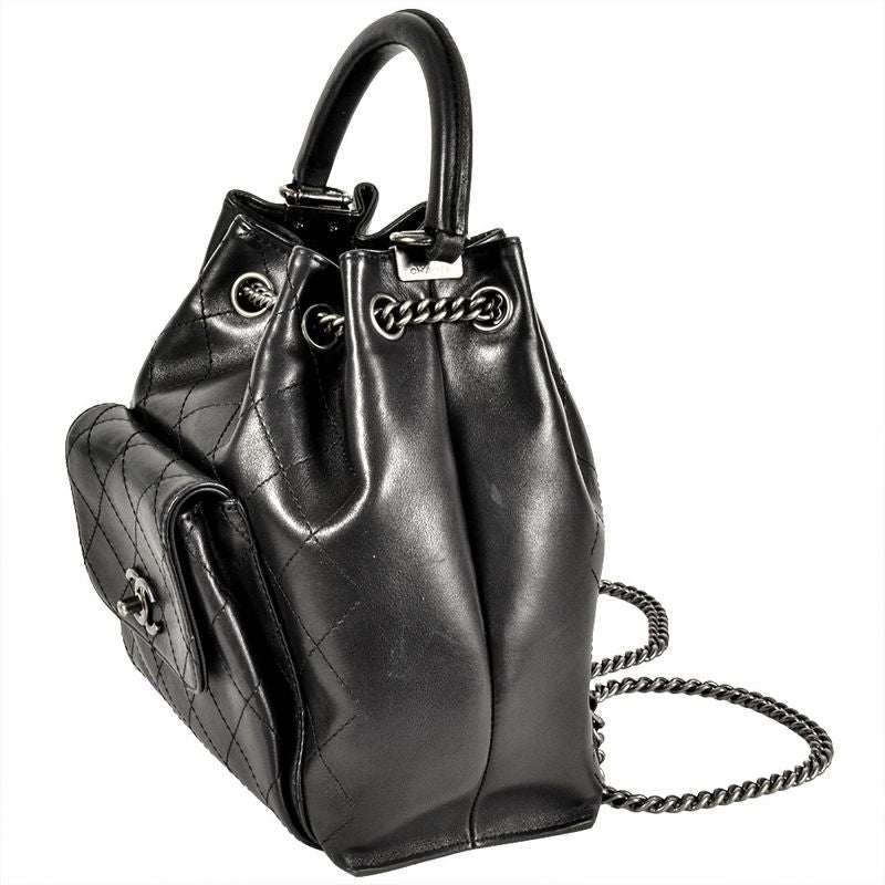 Chanel Matelasse Backpack Black Silver Hardware Drawstring Coco Mark