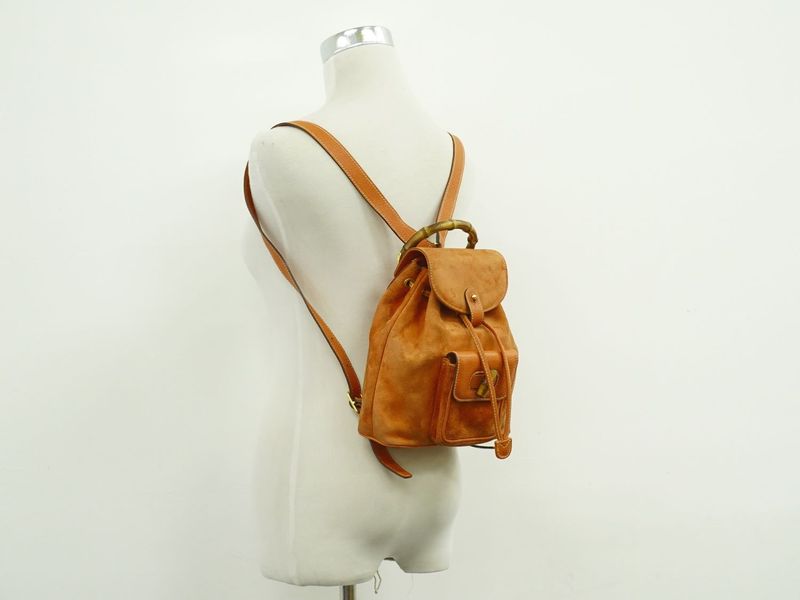 Authentic Gucci Bamboo Backpack Sac Backpack Suede Leather Orange Bamboo Bag