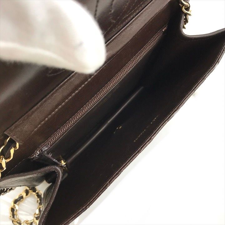 Chanel CC Logo Quilted Lambskin Chain Shoulder Bag Push Lock Brown
