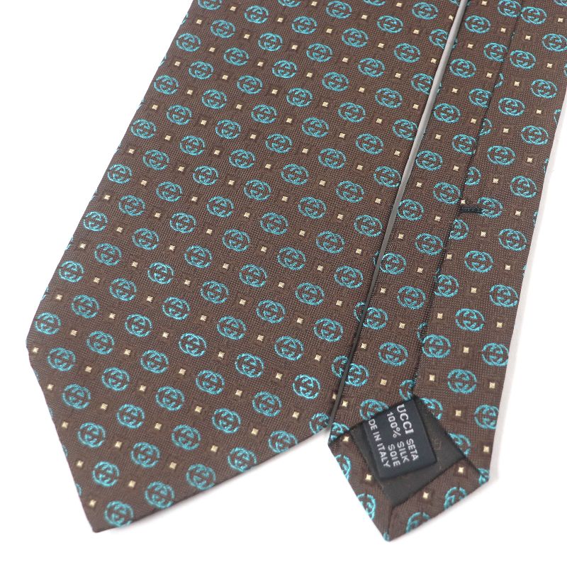 Gucci 100% Silk Interlocking G Total Pattern Cles St Logo Tie Wide Tie Brown