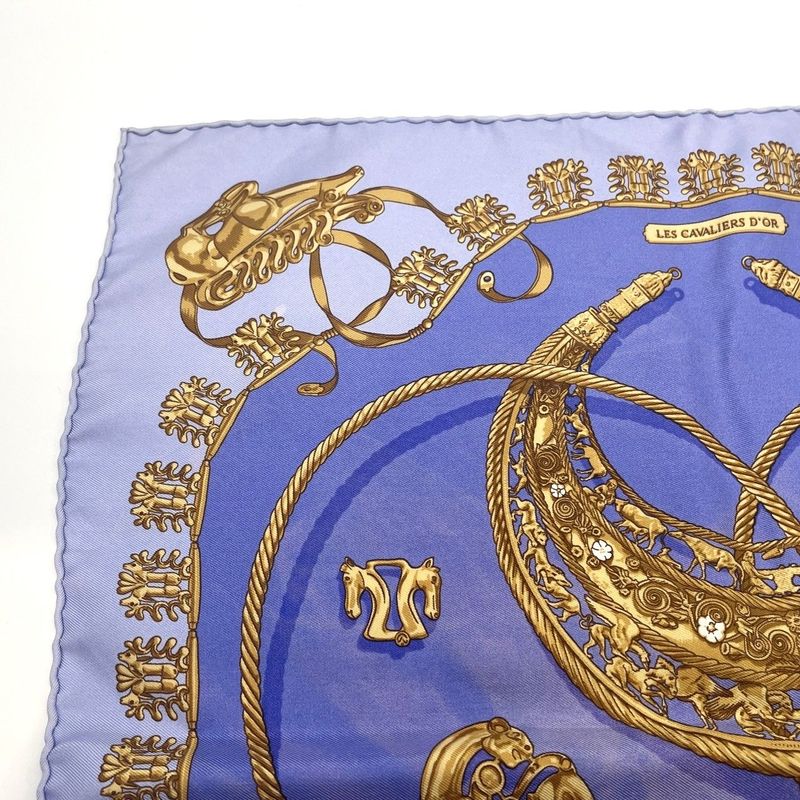 Hermes Carré 42 Golden Knight 100% Silk Scarf Blue Used 005541
