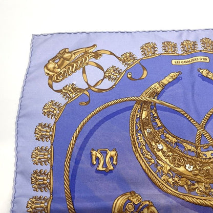 Hermes Carré 42 Golden Knight 100% Silk Scarf Blue Used 005541