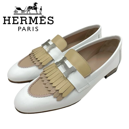 Hermes Royale Loafer Leather Shoes Leather White Beige White Silver Moccasin
