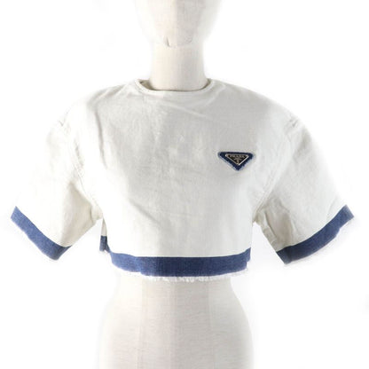 Prada 2021 Gft012 100% Cotton Cut-off Cropped Denim Top With Triangle Logo