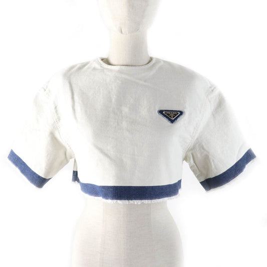 Prada 2021 Gft012 100% Cotton Cut-off Cropped Denim Top With Triangle Logo