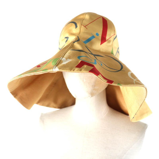 Hermes Vintage 100% Silk Alphabet Allover Brimmed Actress Hat Beige Multicolor