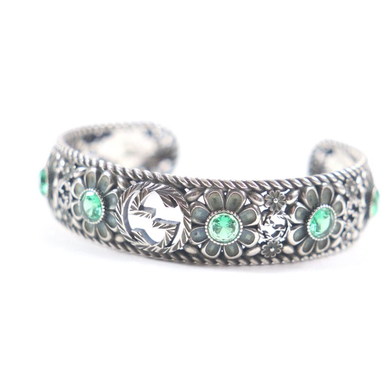 Gucci Crystal Floral Interlocking G Bangle Bracelet Ag925 Silver Green 16 With
