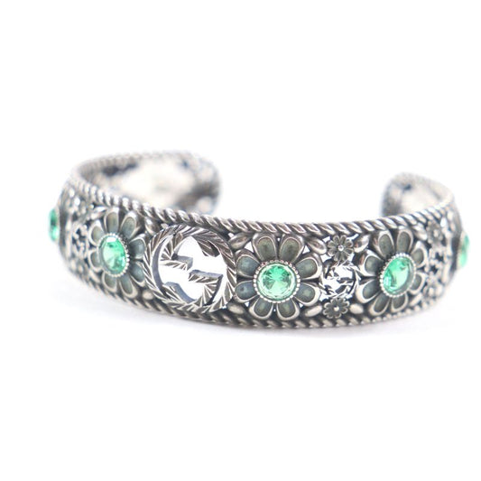 Gucci Crystal Floral Interlocking G Bangle Bracelet Ag925 Silver Green 16 With