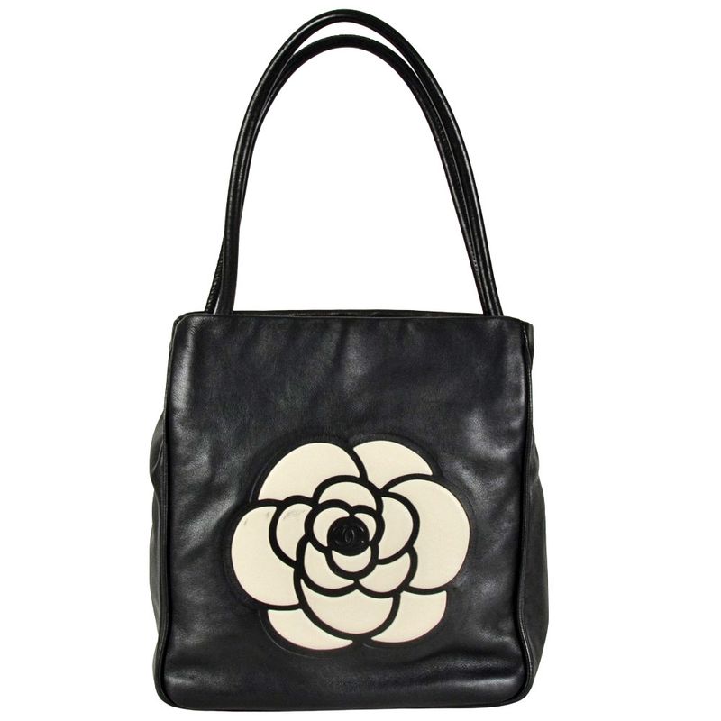 Chanel Camellia Tote Bag Lambskin Black White Logo