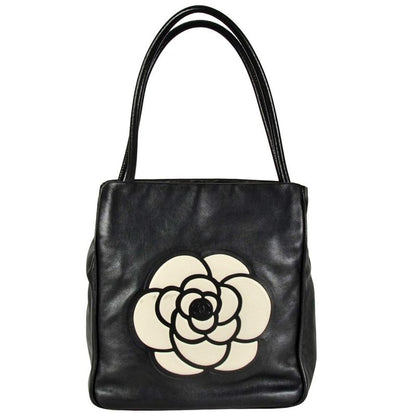 Chanel Camellia Tote Bag Lambskin Black White Logo