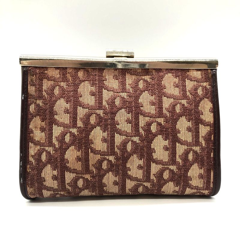 DIOR Pouch Red Gold And Beige Canvas Trotter Clasp Small Pouch Women's