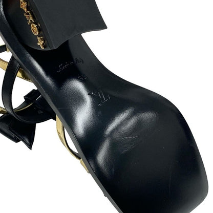 Louis Vuitton Peplum Line Monogram Sandals Shoes Patent Leather Black Gold