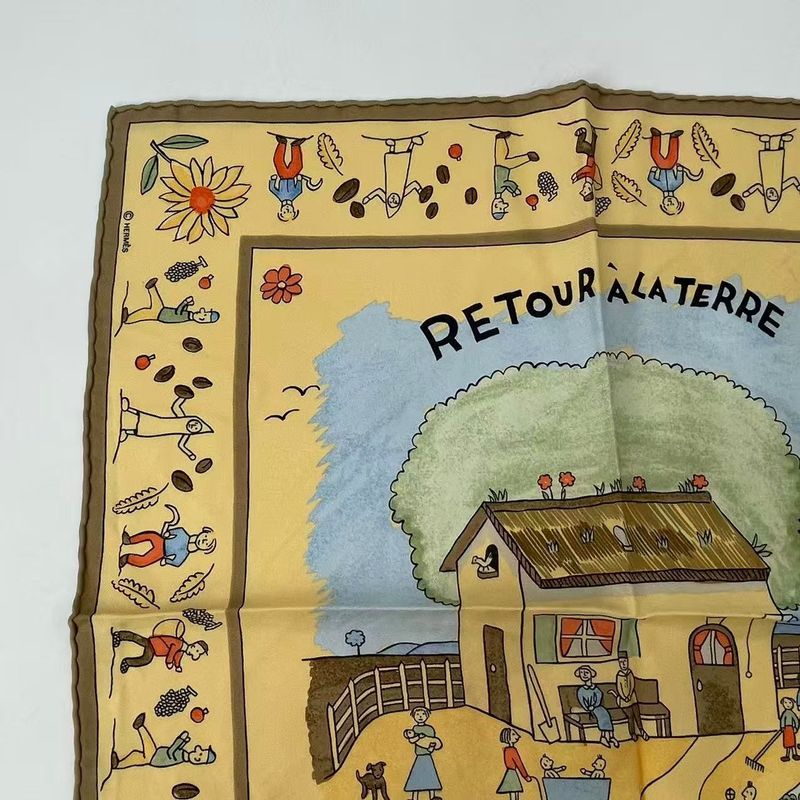 Hermes RE TOUR A LA Terre Homeward Silk Scarf Yellow