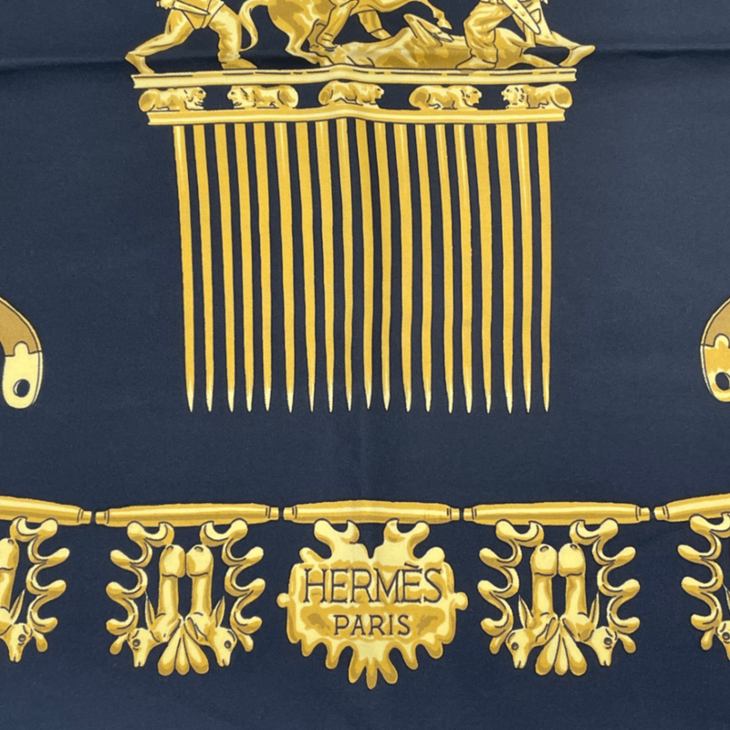 Hermes Carre 90 LES Cavaliers D'OR Golden Knight Scarf Silk Gold And Black