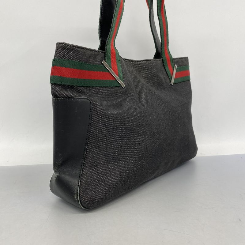 Gucci Tote Bag Sherry Line 73983 Denim Black Silver Hardware Women's