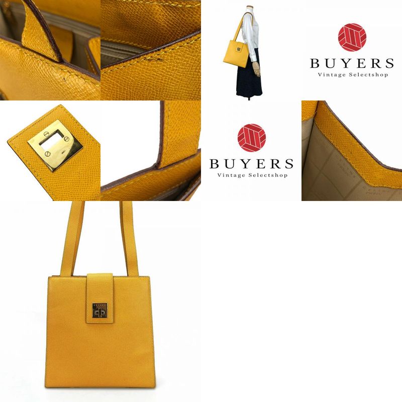 Celine Shoulder Bag Leather Yellow Gold Hardware Shape Push Turnlock Ladies