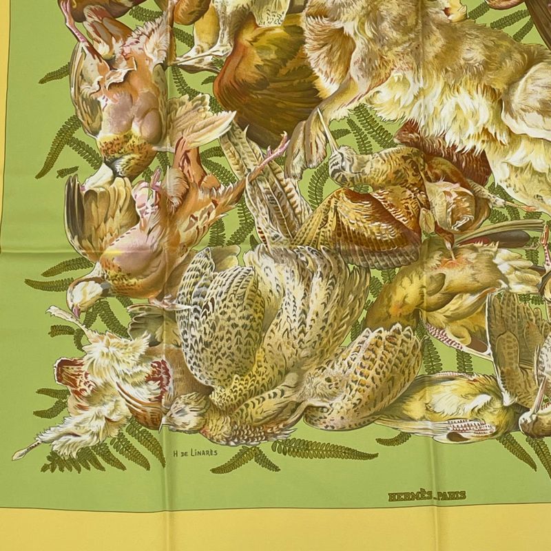 Hermes Carre 90 Scarf Linares Animals Birds Camo Yellow