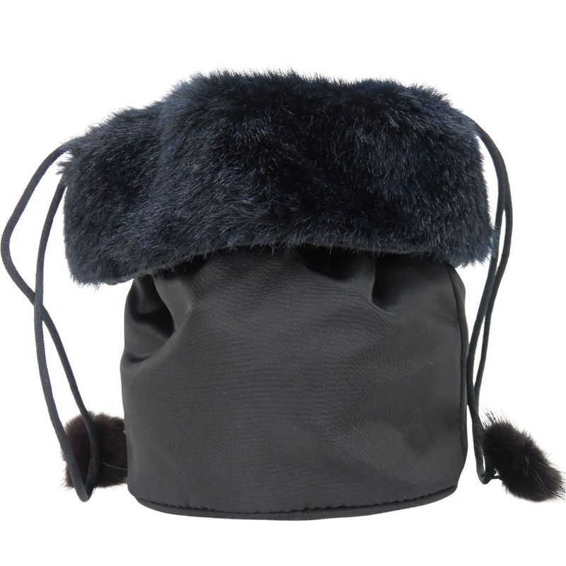 Celine Pouch Drawstring Fur Nylon Black Gold Hardware Logo Circle Small Bag
