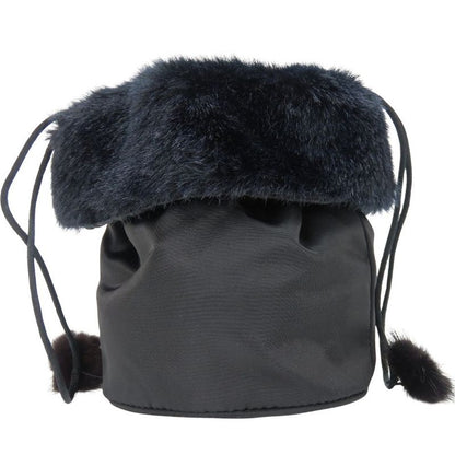 Celine Pouch Drawstring Fur Nylon Black Gold Hardware Logo Circle Small Bag