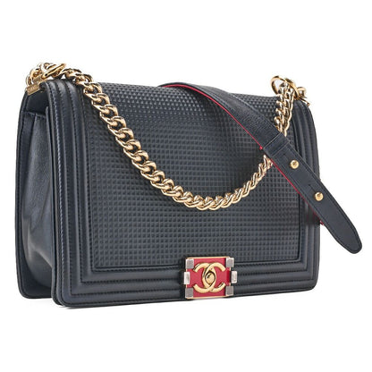 Chanel Boy Chanel Perforated Design Chain Shoulder Lamb Skin Navy And Red Large