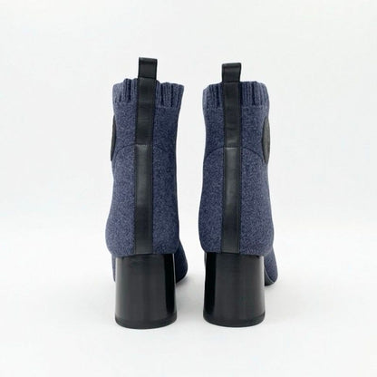 Hermes Volver Boots Short Shoes Knit Leather Blue Black Exlibris Sock