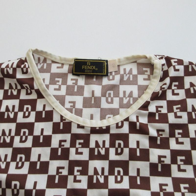 Fendi Logo Allover Checkered Stretch T-Shirt Short Sleeves Brown Size M Women's