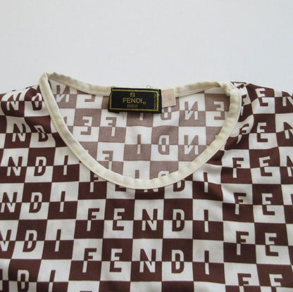 Fendi Logo Allover Checkered Stretch T-Shirt Short Sleeves Brown Size M Women's