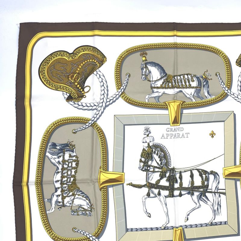 Hermes Carre 90 Grand Apparat Horse In Full Dress Brown X Gold X White Scarf