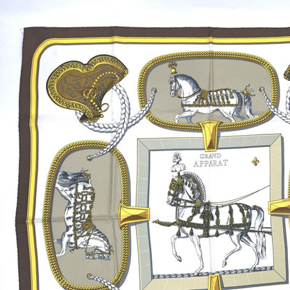 Hermes Carre 90 Grand Apparat Horse In Full Dress Brown X Gold X White Scarf