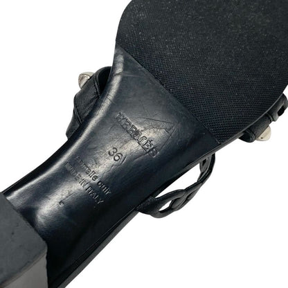 Hermes Aggaccio Sandals Shoes Leather Black Silver Chaine D'ancre Studded Mules