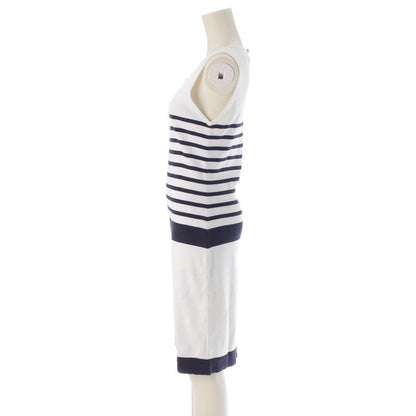 Chanel Cotton Vintage Coco Mark Striped Sleeveless Dress White 40