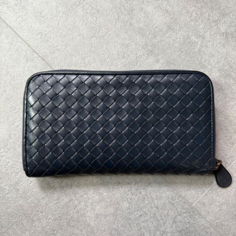 Bottega Veneta Round Zipper Long Wallet Intrecciato Calf Leather Navy Long