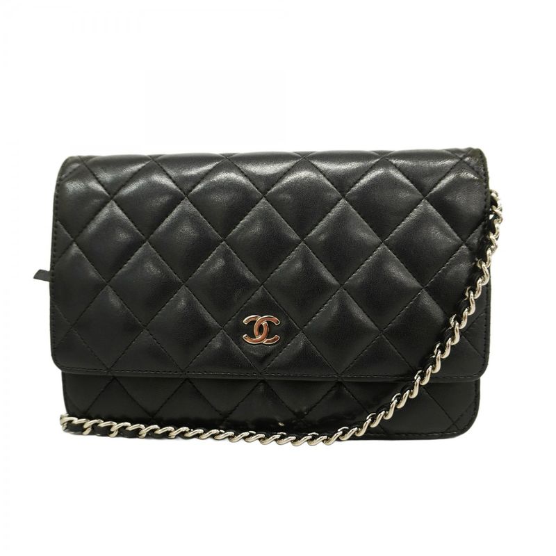 Chanel Shoulder Wallet Matelasse Lambskin Black Silver Hardware Women