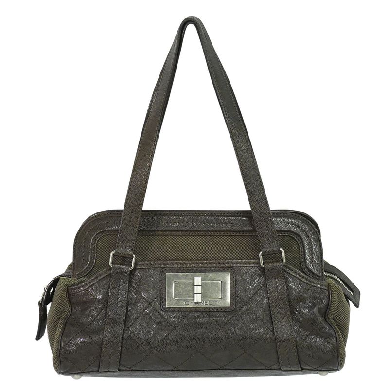 Authentic Chanel Caviar Skin Leather Canvas Shoulder Bag Tote Bag Brown Bag