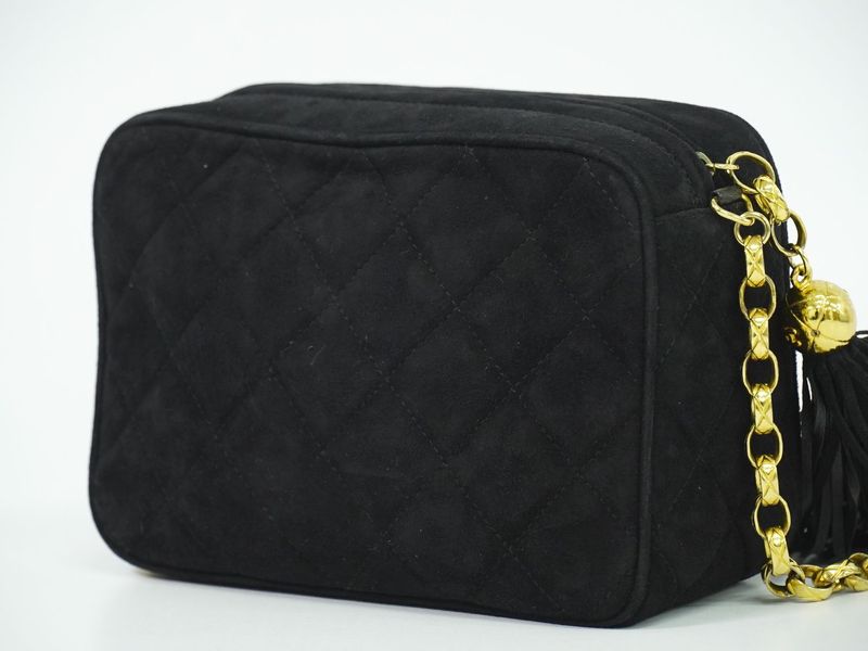 Authentic Chanel Coco Mark Matelasse Tassel Chain Shoulder Bag Pochette Nubuck