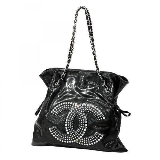 Chanel Shoulder Bag Patent Leather Black Silver Hardware Women