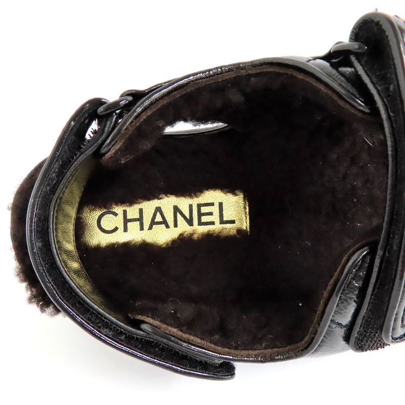 Chanel Sandals 23K G45291 Boa Rhinestone Coco Mark 38 Black Leather