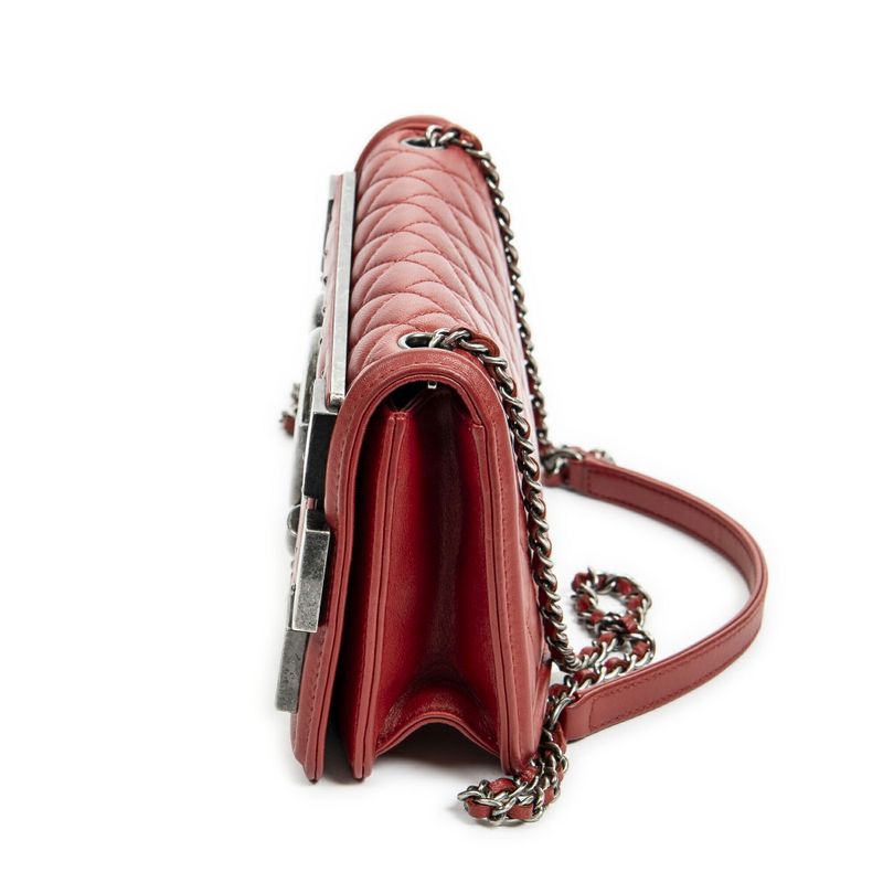 Chanel Studded Horizontal Boy Brick Flap Red Matelasse Lambskin Leather A