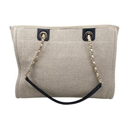 Chanel Tote Bag Deauville MM A67001 Canvas Chain Logo Beige Black Gold Hardware