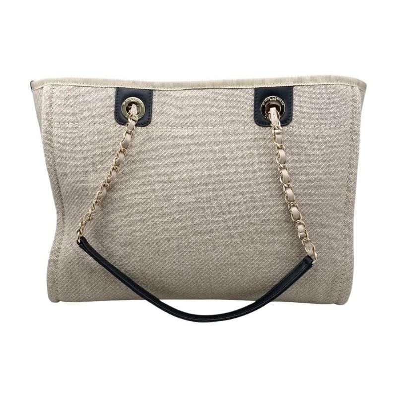 Chanel Tote Bag Deauville MM A67001 Canvas Chain Logo Beige Black Gold Hardware