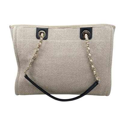 Chanel Tote Bag Deauville MM A67001 Canvas Chain Logo Beige Black Gold Hardware
