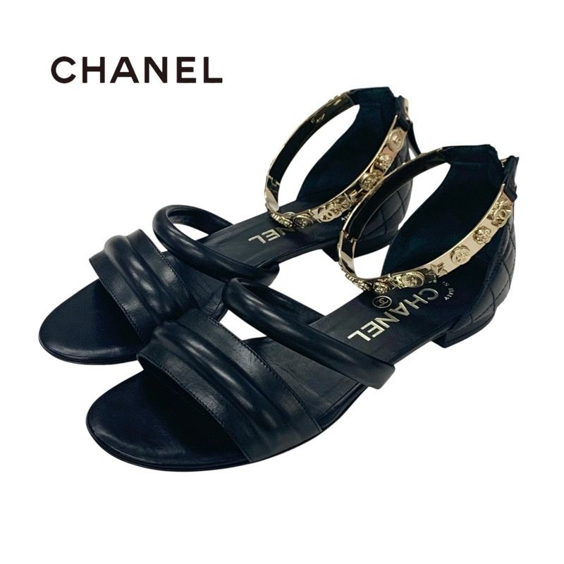Chanel Sandals Shoes Leather Black Gold Coco Mark Icon Metal Strap Matelasse